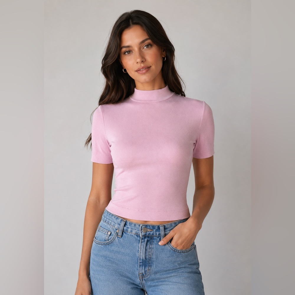 BABATON‎ Barbie Pink Crop Top Ribbed Mock Neck Short Sleeve Pullover Tee XS